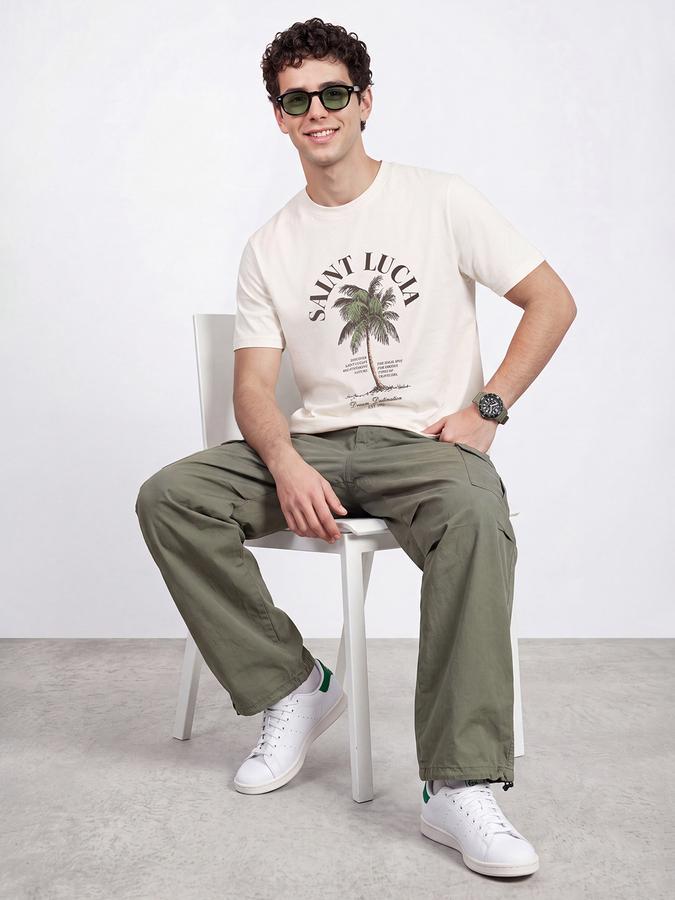 R&B Men Cream Graphic Print Short Sleeves Pure Cotton Tshirt