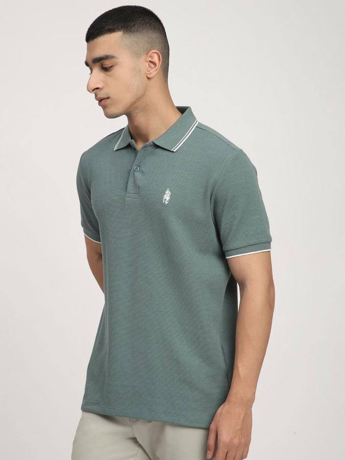 R&B Mens Pine Green Self Design Polo Collar Short Sleeves T-shirt