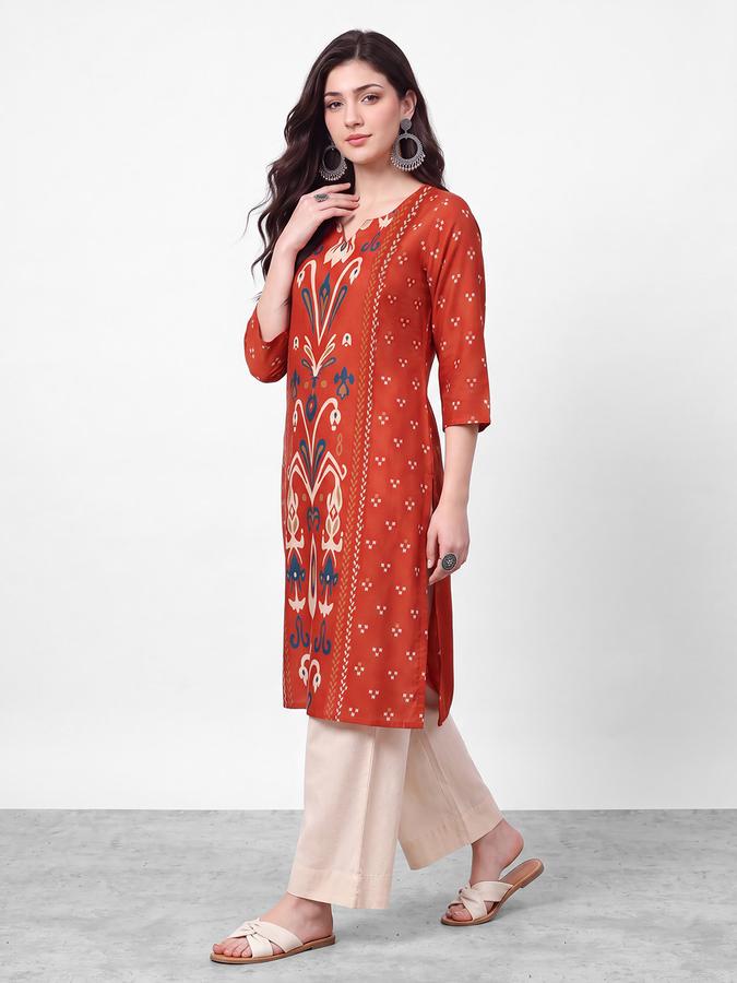 R&B Womens Orange Three-Quarter Sleeves Round Neck Floral Printed Straight Kurta