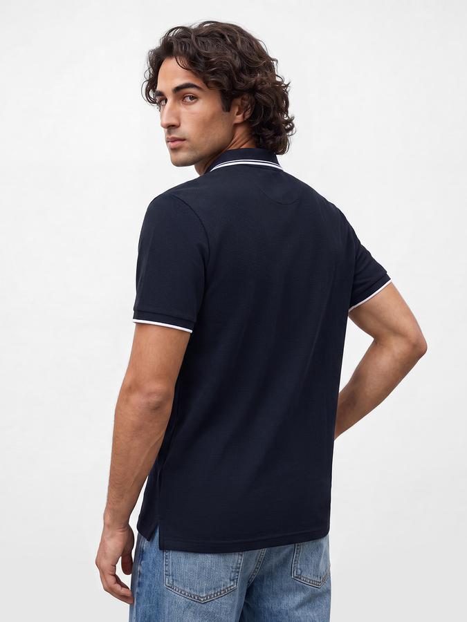 R&B Men Navy Blue Textured Short Sleeves Tipping Polo Collar Tshirt