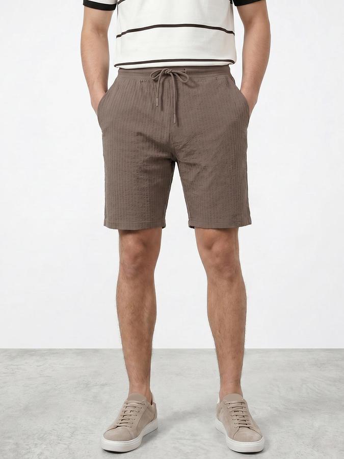 R&B Men Brown Self Design Regular Fit Mid Rise Shorts