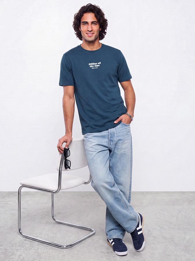 R&B Men Mallard Blue Typographic Print Short Sleeves Pure Cotton Tshirt