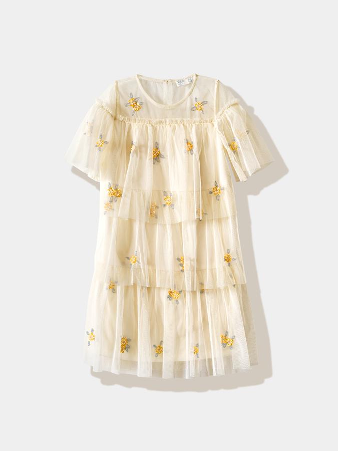 Girls Tulle A-Line Round Neck Embroidered Dress