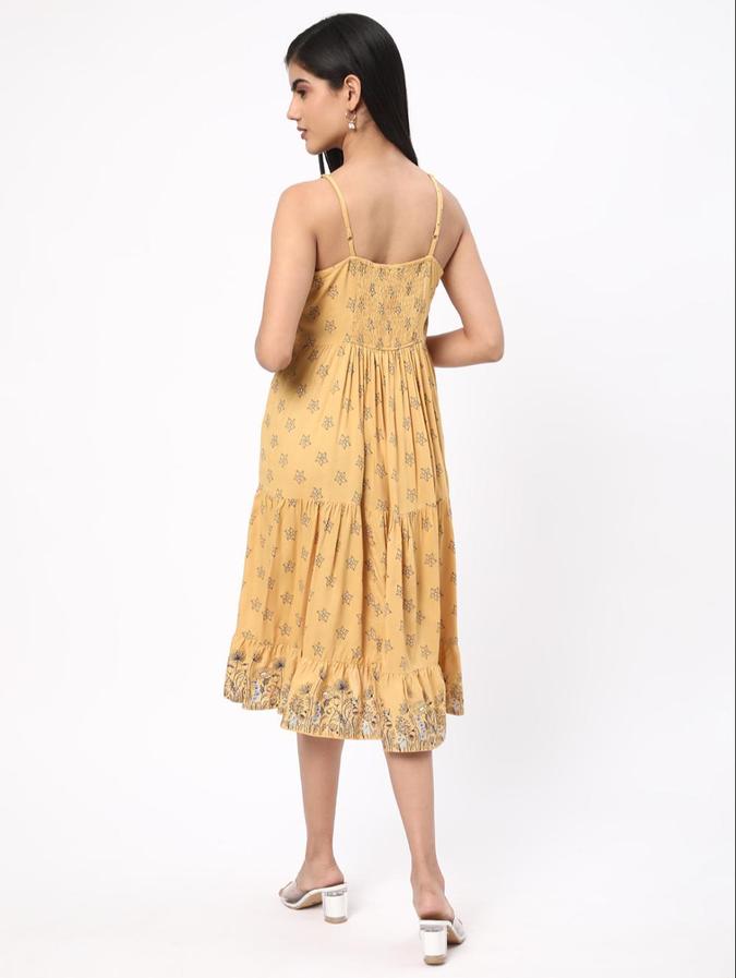R&B Mustard Floral Printed Women Sleeveless Dress