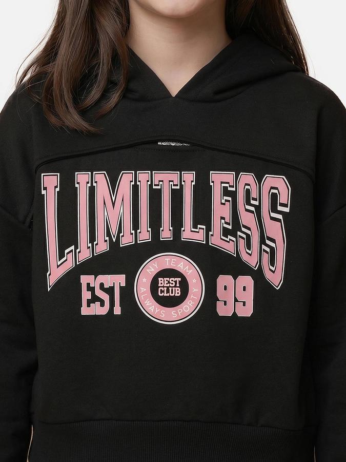 R&B Girls Black Printed Long Sleeves Hooded Neck Sweatshirt& Joggers Set 