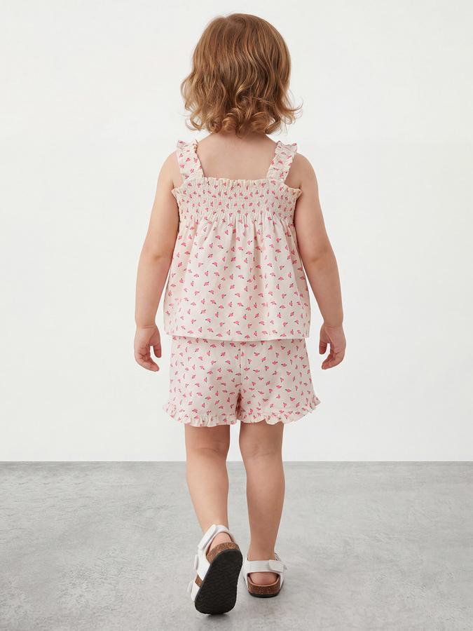 R&B Girls Beige Printed Pure Cotton Sleeveless Co-ord Set