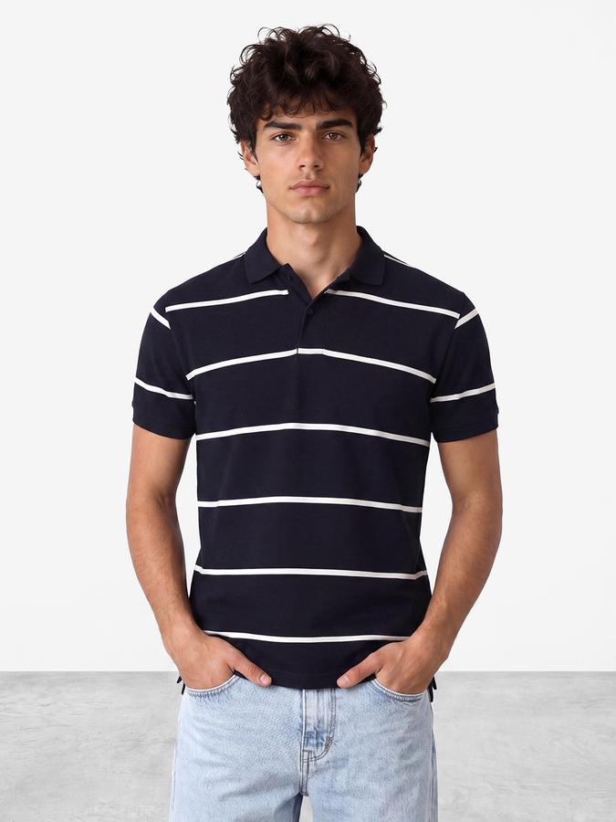 R&B Men Navy Blue Striped Short Sleeves Polo Tshirt