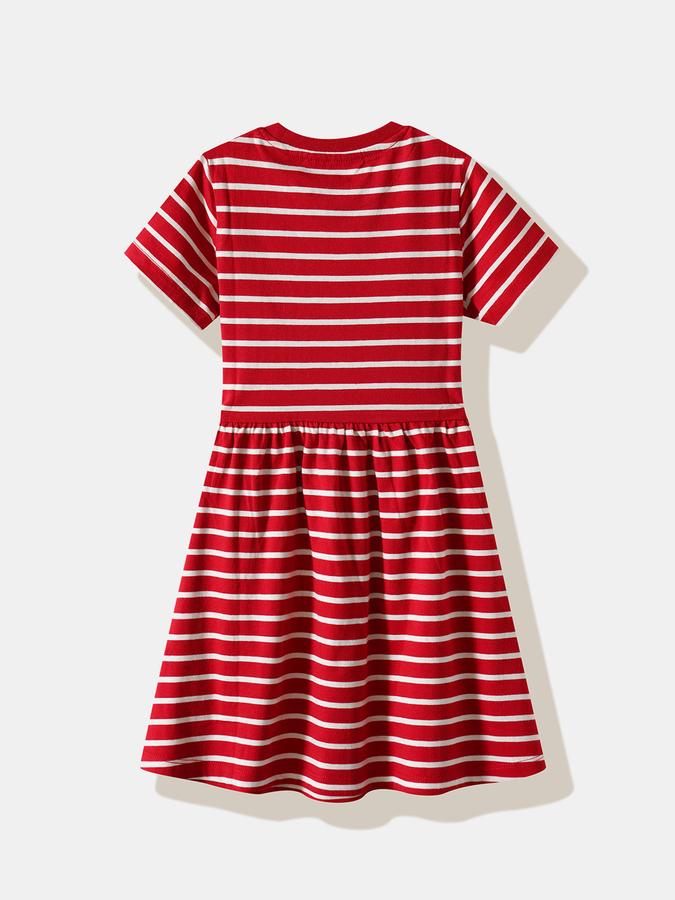 Girls Cotton Regular Fit Round Neck Striped Dress