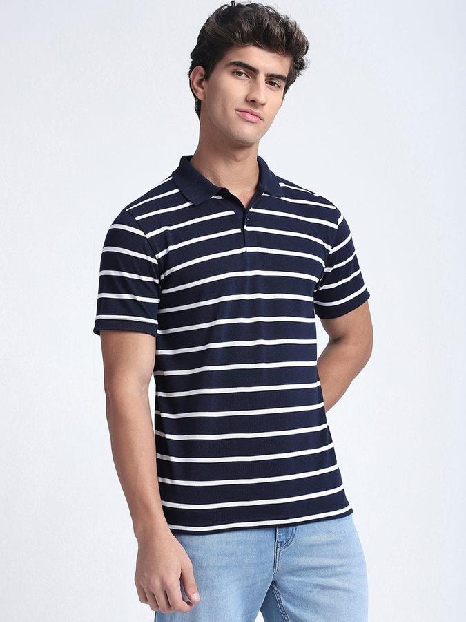 R&B Mens Navy Blue Striped Polo Collar Short Sleeves T-shirt