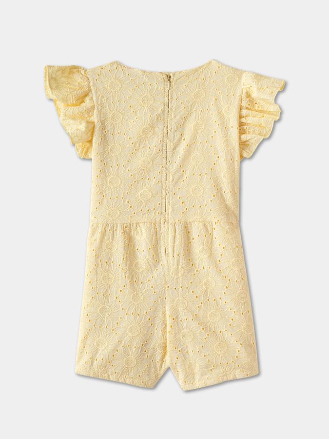 Girls Cotton Regular Fit Flutter Sleeves Embroidered Hem Dungaree