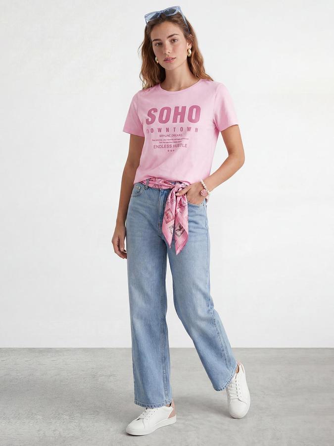 R&B Womens Pastel Pink Typography Printed Round Neck Half Sleeve Cotton T-Shirt