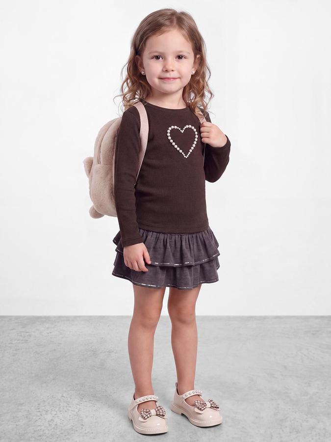 R&B Girls Brown Heart Embellishment Long Sleeves Round Neck Rib T-Shirt