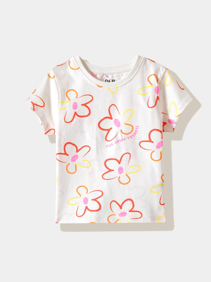 Girls Cotton Regular Fit Crew Neck Floral T-shirt