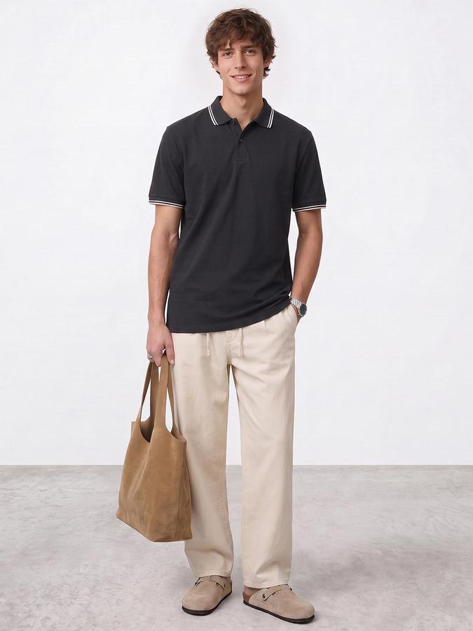 R&B Men Dark Grey Textured Short Sleeves Polo Collar T-Shirt