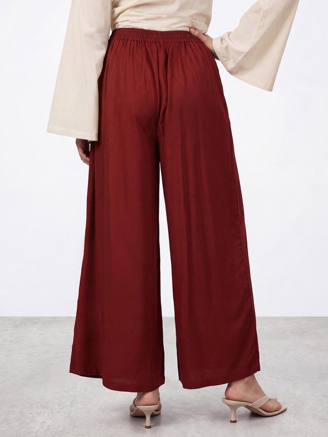 R&B Women Maroon Solid Pleated Palazzo