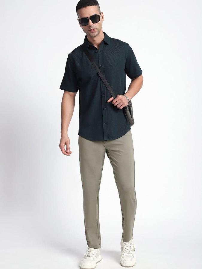 R&B Men Olive Solid Regular Fit Trousers