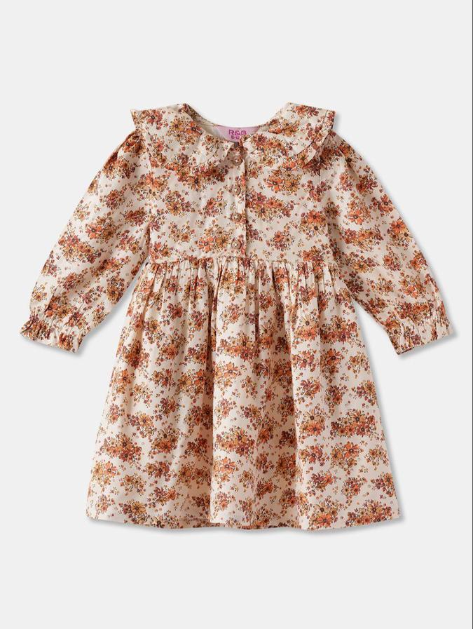 R&B Beige Floral Printed Girls Long Sleeves Dress