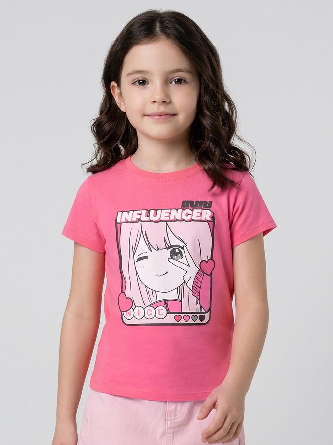 R&B Pink Graphic Print Girls Round Neck Regular Fit Short Sleeves T-Shirt 