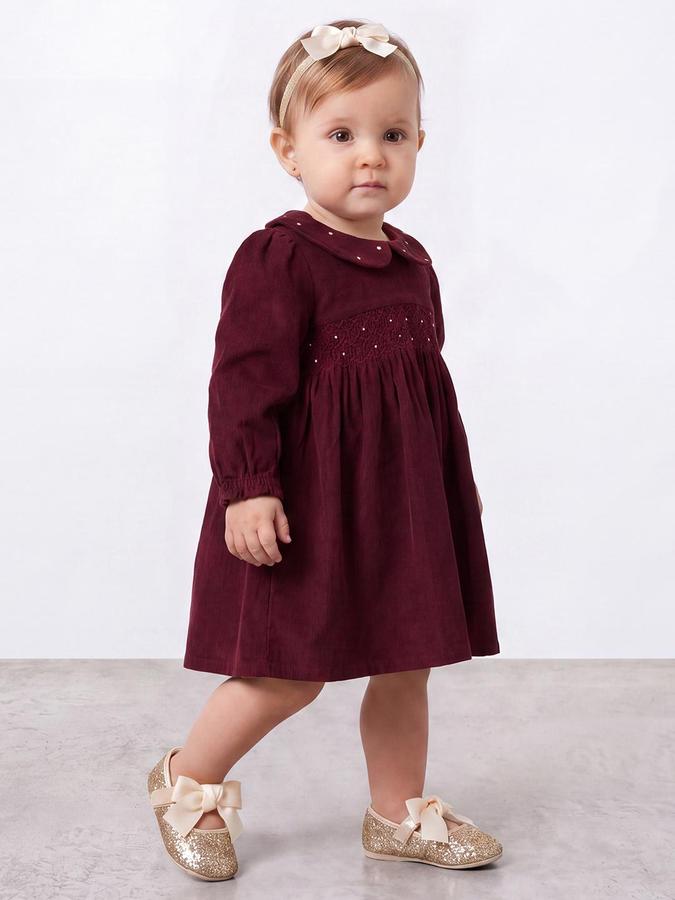 R&B Girls Wine Embellished Peter Pan Collar Bishop Sleeves Empire Waist Dress