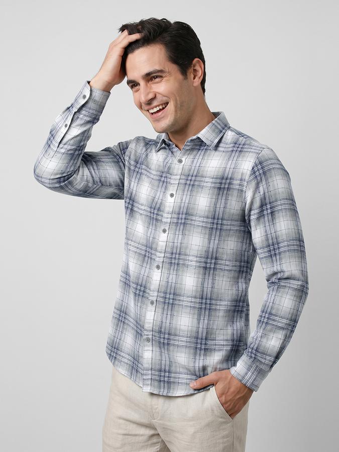 R&B Blue Checked Men Spread Collar Long Sleeves Shirt
