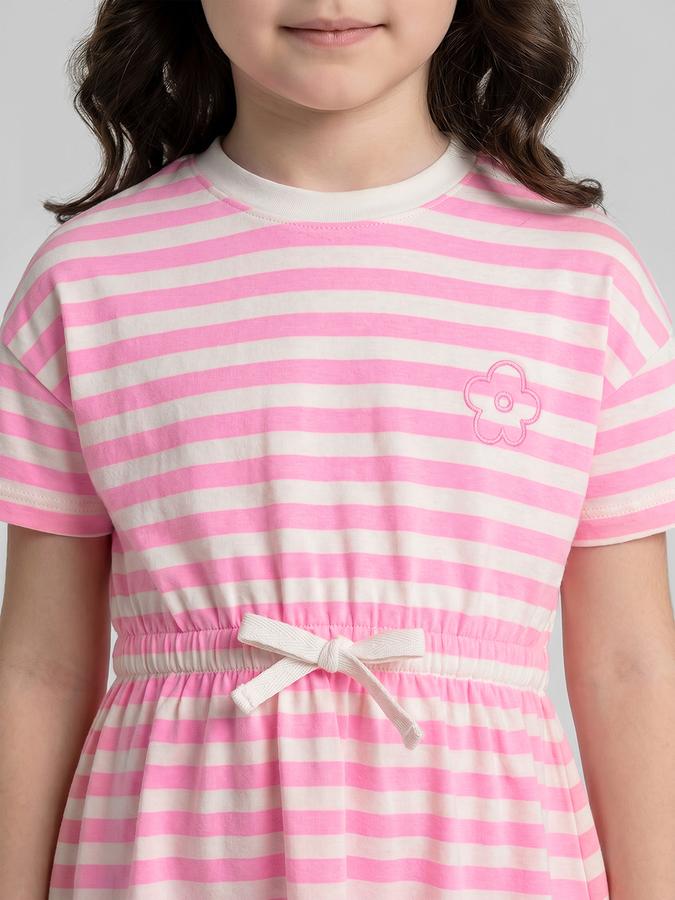 R&B Pink Striped Round Neck Short Sleeves Fit and Flare Mini Girls Dress