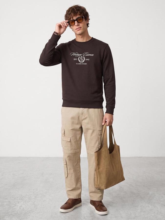 R&B Men Dark Brown Typography Print Round Neck Long Sleeves Sweatshirt