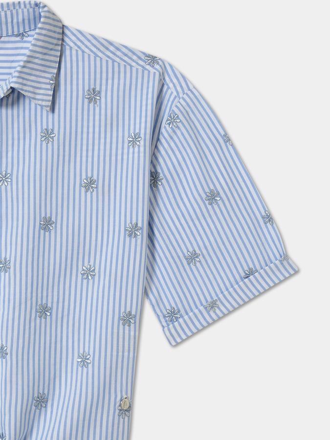 Girls Striped Regular Fit Short Sleeve Tie-Front Top