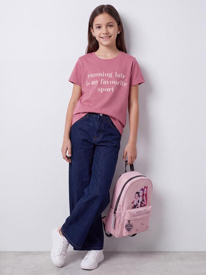 R&B Girls Dusty Pink Typography Print Short Sleeves Round Neck Pure Cotton T-Shirt