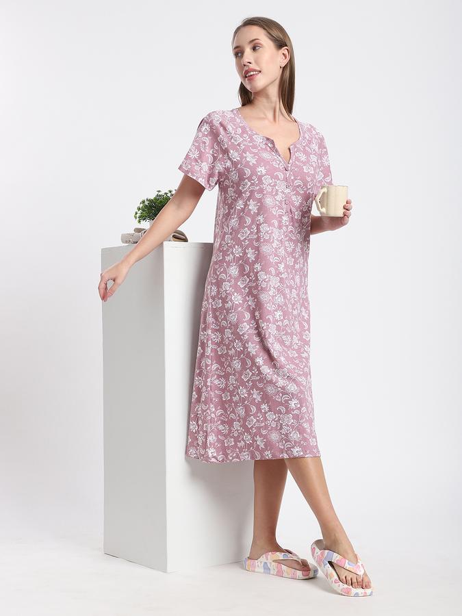 Women Cotton Regular Fit Round Neck Floral Night Shirt