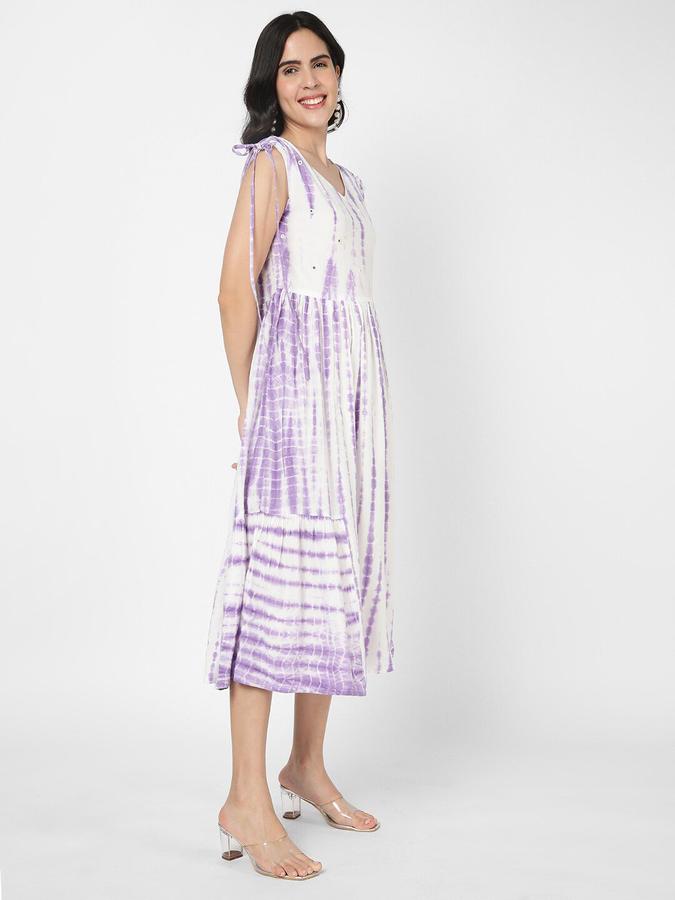 R&B Women Lavender Tie - Dye Sleeveless V-Neck Midi A-Line Ethnic Dress