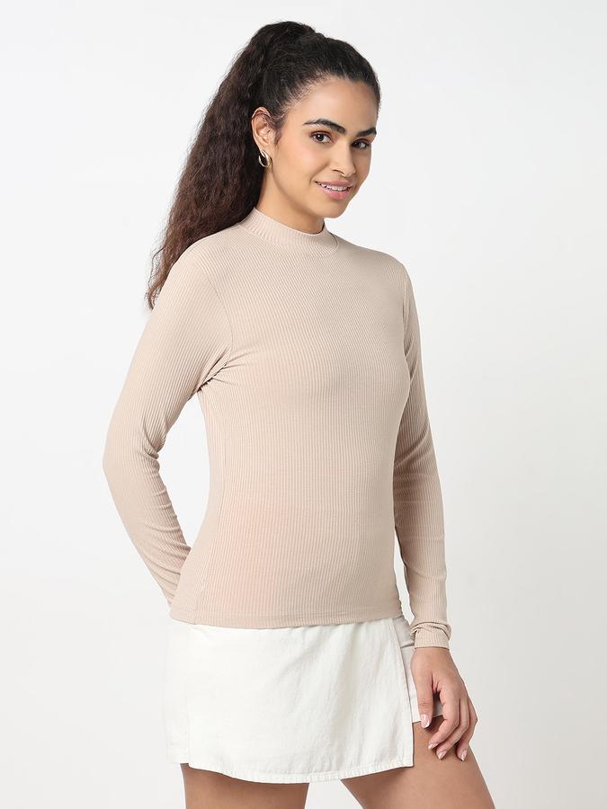 Women Viscose Slim Fit High Neck Ribbed Top