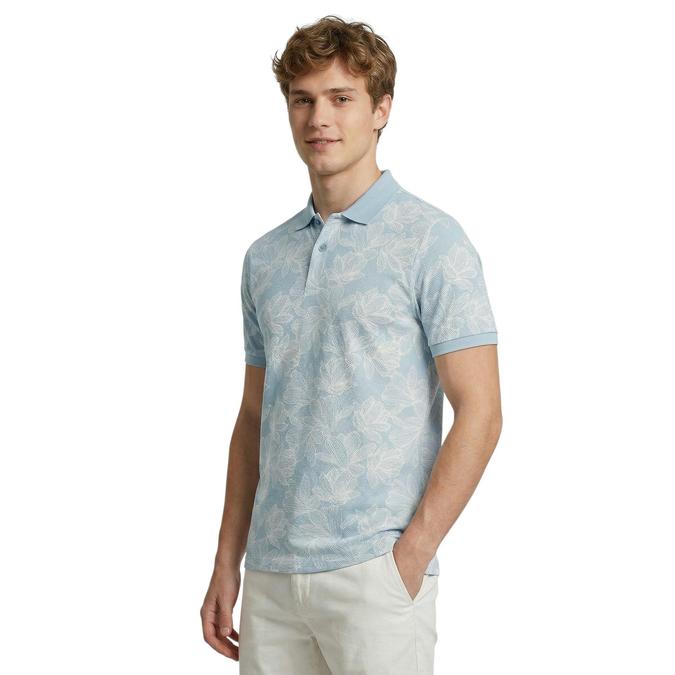 R&B Men Blue Cotton Printed Polo Collar T-Shirt