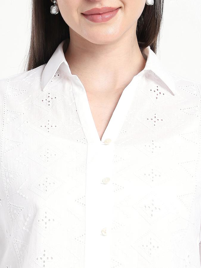 R&B Women Ivory Textured Eyelet Cropped Shirt