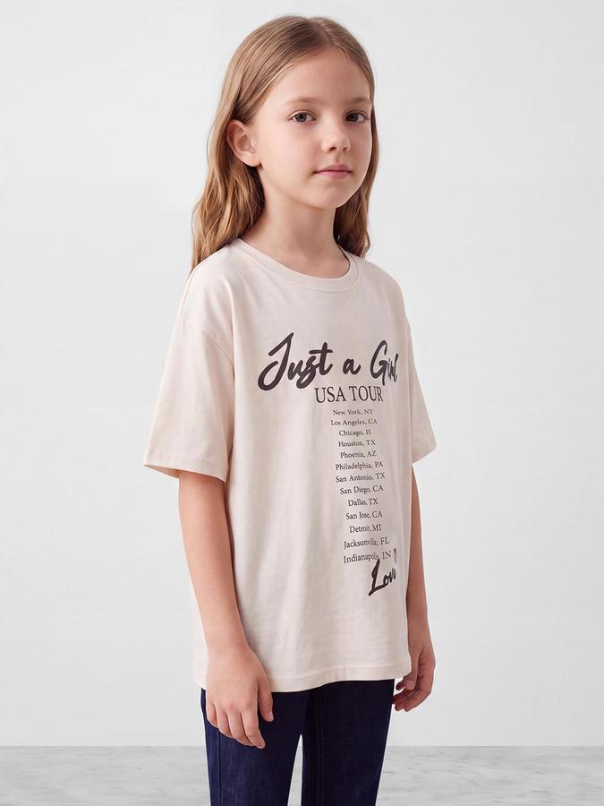 R&B Girls Beige Typography Print Short Sleeves Round Neck Pure Cotton T-Shirt