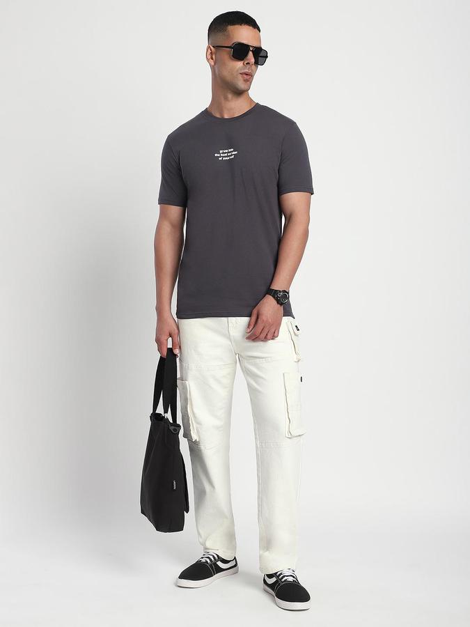 R&B Men Stone Grey Typography Printed Pure Cotton Short Sleeves Tshirt