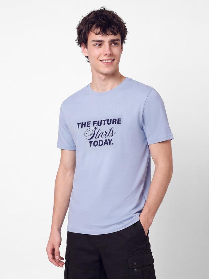 R&B Men Dusty Blue Typographic Print Short Sleeves Pure Cotton Tshirt