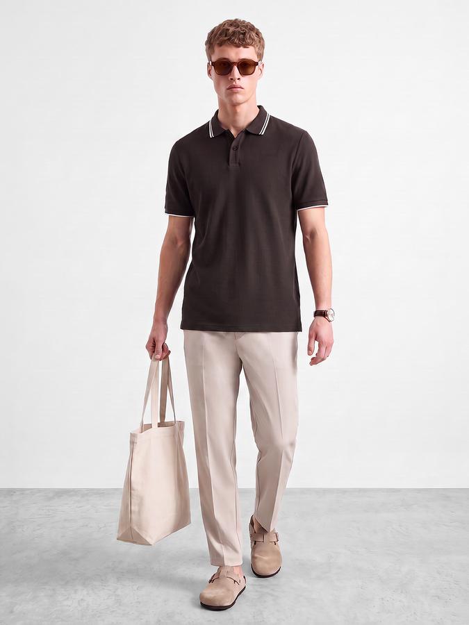 R&B Men Coffee Brown Textured Short Sleeves Tipping Polo Collar Tshirt
