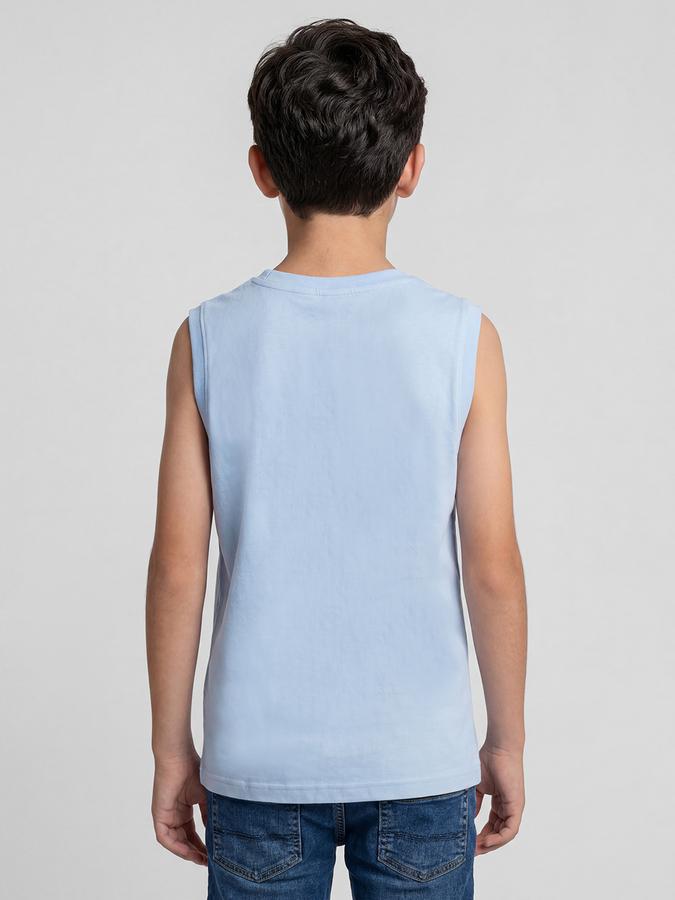 R&B Blue Graphic Print Boys Round Neck Regular Fit Sleeveless T-Shirt 