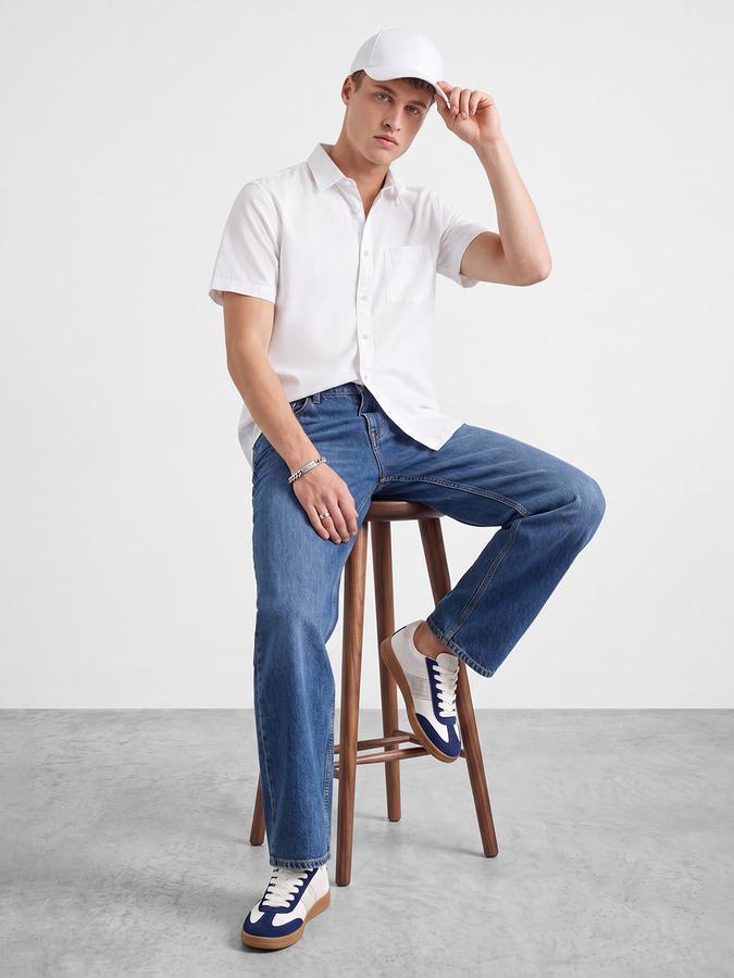 R&B Men's White Spread Collar Slub Short Sleeve Shirt
