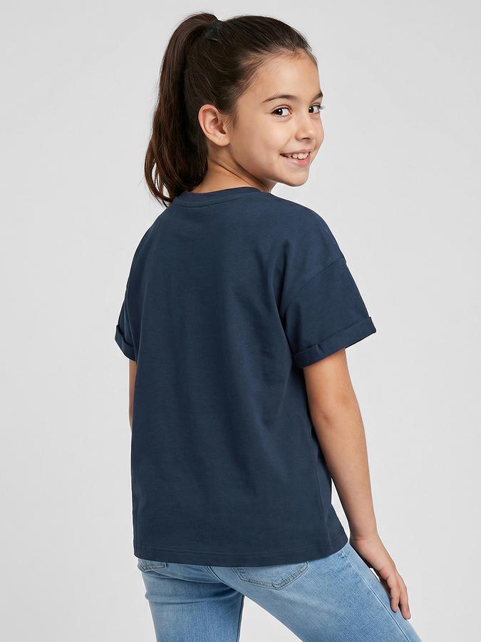 R&B Navy Blue Graphic Print Girls Round Neck Regular Fit Short Sleeves T-Shirt 