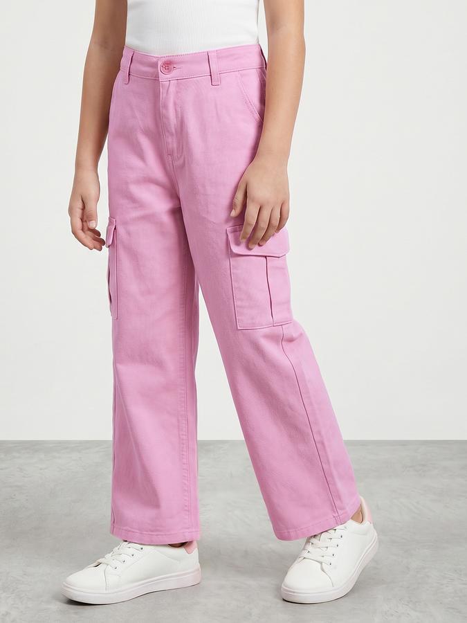 R&B Girls Pink Wide Leg Solid Mid-Rise Cotton Trouser