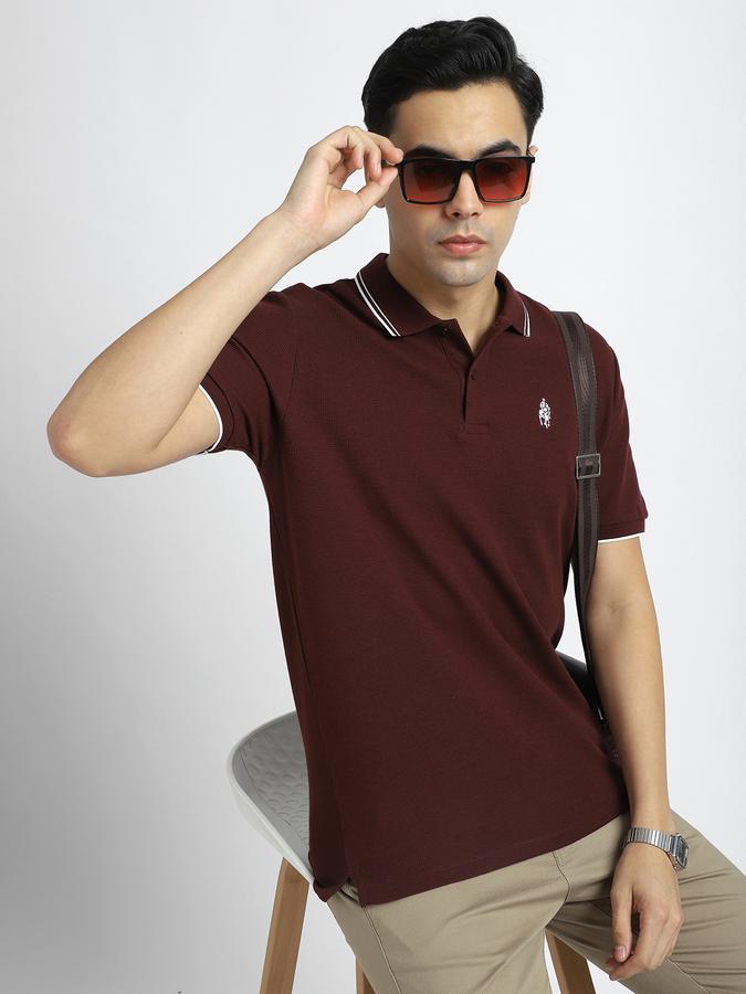 Men Cotton Blend Regular Fit Polo Neck Textured T-shirt