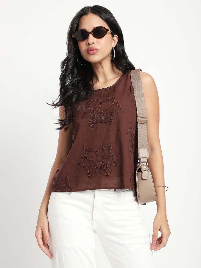 Women Cotton Regular Fit Round Neck Embroidered Top