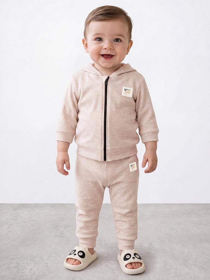 R&B Boys Long Sleeve Hooded Car Patch Beige Hoodie and Jogger Set