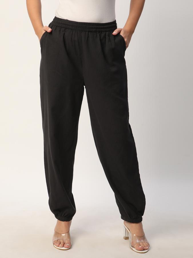 Women Cotton Joggers Elasticated Waist Solid Trousers