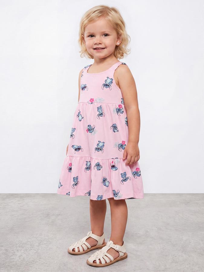R&B Girls Pink Stitch Printed Strappy Tiered Dress