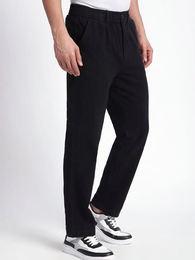 R&B Men Black Solid Regular Fit Trousers