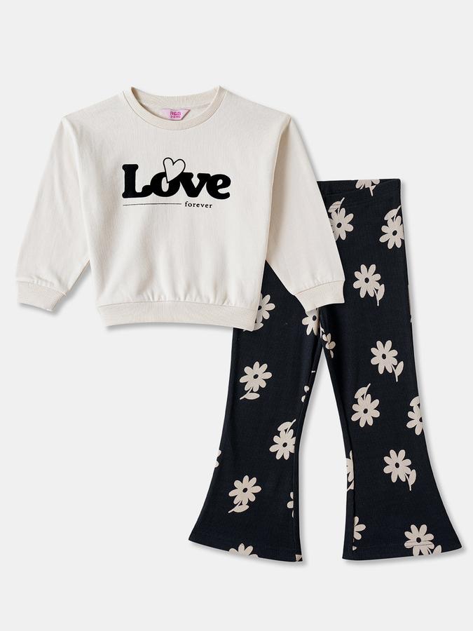 Girls Cotton Blend Printed Sweatshirt And Flared Trousers Set