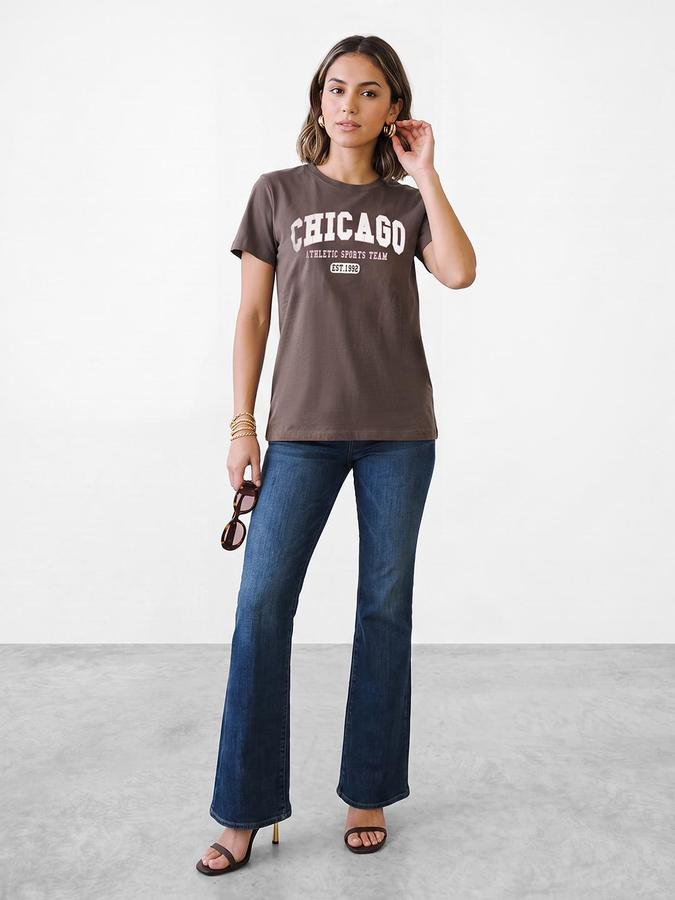 R&B Women Dark Brown City Print Short Sleeves Round Neck Pure Cotton T-Shirt