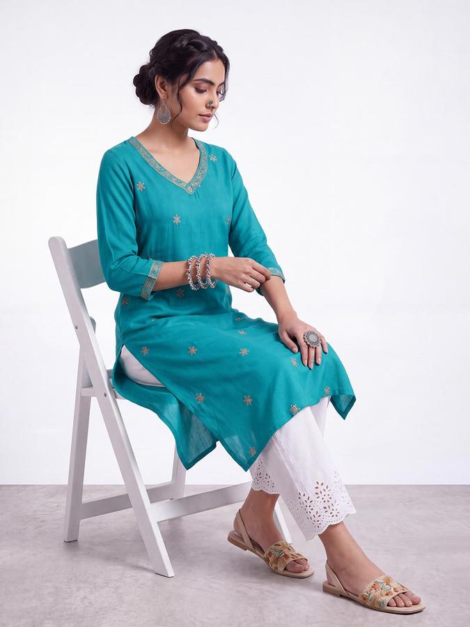R&B Women White Pure Cotton Schiffli detail Ethnic Pant